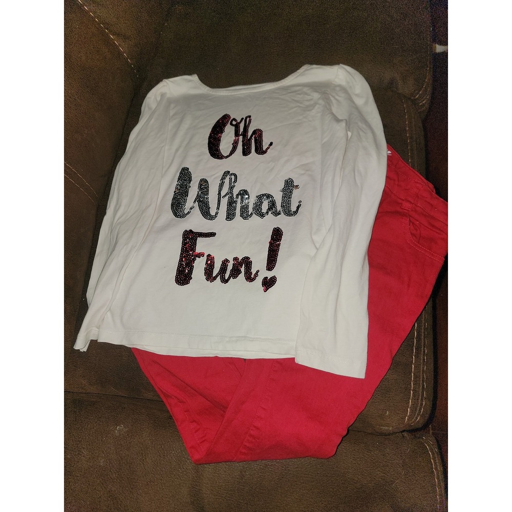 Crazy 8 holiday Christmas oh what‎ fun top size 10 12 red skinny jeans size 10